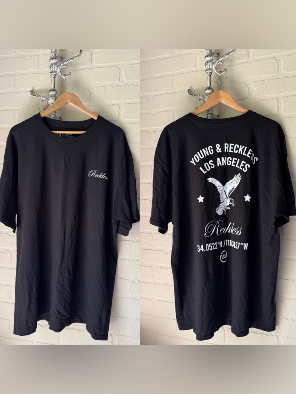 Young & Reckless Black Graphic Tee with White LA Eagle Print 2xl NEW